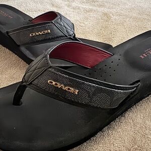 Coach Black Leather Platform Wedge Thong Sandals | Size 8